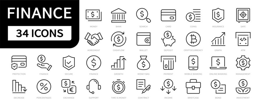 Finance Line Icons Set. Money Icon. Finance, Payment, Money, Cash, Card Editable Stroke Icon Collection. Vector