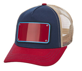Cotton cap in red and blue colors, with a visor, with a red metal plate in front and a beige ventilated mesh at the back, isolated on a white background. - 617387232