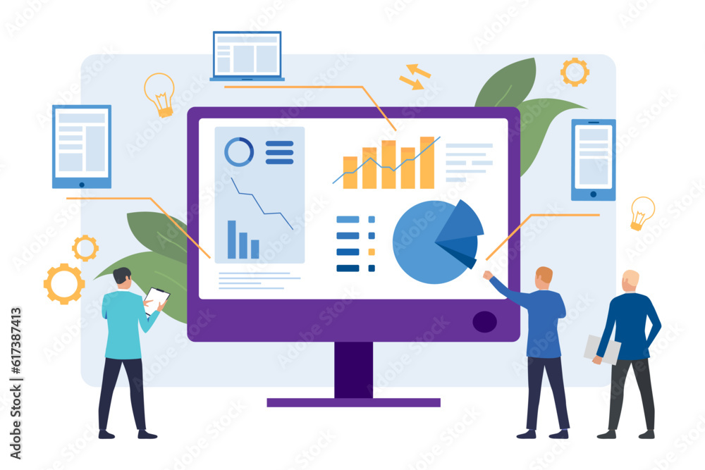 Poster tiny businessmen analyzing data vector illustration. office workers calculating finances or managing