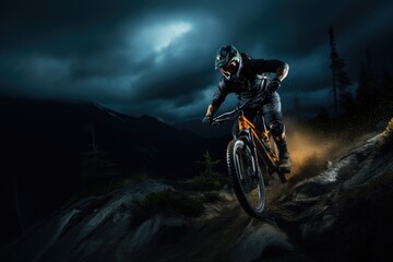 Mountain Biker riding down a tricky Trail at Night - Showcasing the Precision and Focus of this Extreme Sport - Off-Road Adventure - Generative AI - Imaginary Person