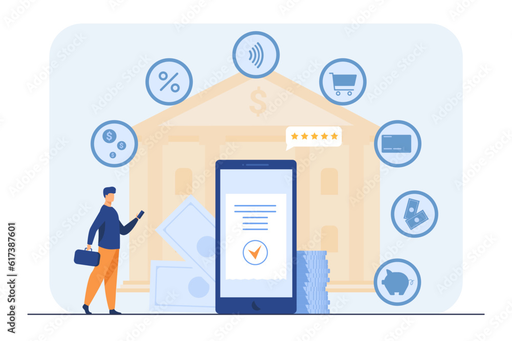 Aufkleber man using mobile banking app vector illustration. smartphone screen with five-star review for access