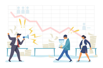 Angry manager shouting at employees vector illustration. Tired office workers carrying hourglass, struggling to work on projects and needing help. Lack of personnel, labor crisis concept