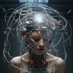 The wires are connected to the head of a young woman