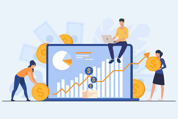 Investors carrying coins to computer vector illustration. Businessmen investing money online, planning growth and retirement, managing budget on screen. Wealth, stock market, investment concept