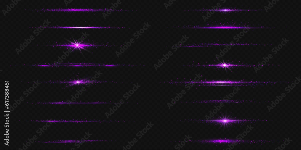 Wall mural purple line light glow with sparkle and flare shine. horizontal violet neon streak effect isolated o