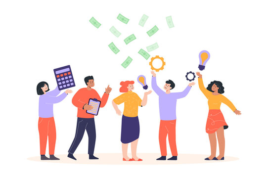 Happy coworkers catching flying money vector illustration. Business people with calculator, contracts and lightbulbs, celebrating success. Corporate finance, business development concept
