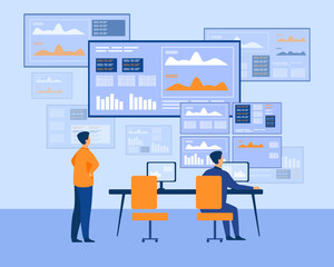 Investors checking stock market charts vector illustration. Workers at office looking at trading screens and financial indicators, working on computer. Stock market, business, finance concept