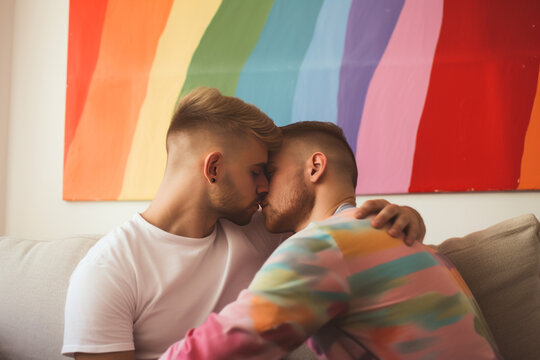 Happy romantic couple of young men kissing on the couch at home against a bright rainbow background