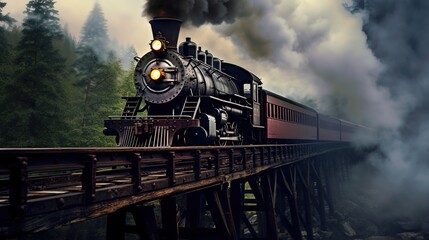 Classic steam locomotive train engine on track generative ai