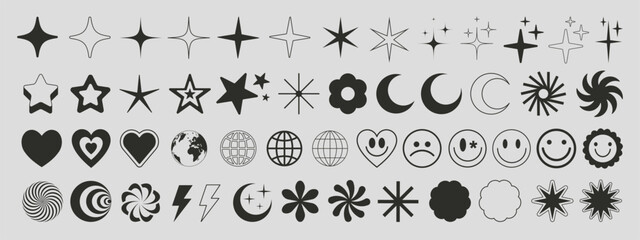 Set of Brutalist Geometric Shapes Vector Design. Cool Trendy Abstract Figures Collection. Graphic Elements. Sparkle Icons. Emoticons. Stars Symbols.