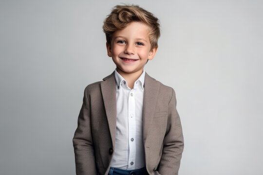 Portrait of a cute little boy in a jacket on a gray background