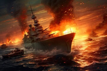 Bismarck warship on fire sinking. Despite their valiant efforts, the crew is powerless to save their beloved vessel from its fiery demise. AI-generated