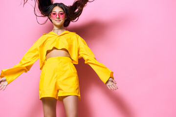 trendy woman lifestyle funny beautiful yellow fashion attractive young sunglasses girl