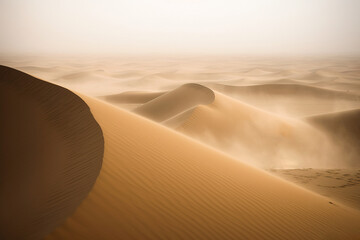 Landscape of golden Sand dunes in the Sahara Desert. Generative Ai