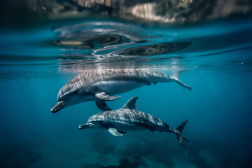 Baby dolphin and mother swimming underwater. Amazing wildlife. Generative Ai