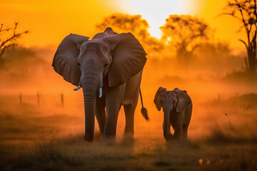 Fototapeta na wymiar Mother and baby elephant walking together through the savana at sunset. Amazing African wildlife. Generative Ai
