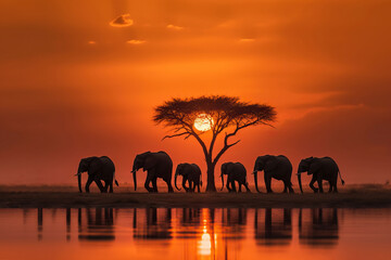 Family of elephants walking through the savana at sunset. Amazing African wildlife. Generative Ai