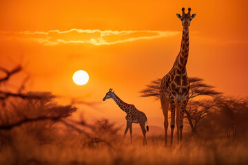 Beautiful image of a baby giraffe and mother walking in the dry grass of savanna at sunset. Amazing African wildlife. Generative Ai - obrazy, fototapety, plakaty