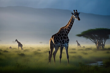 Giraffes in the green meadow of savanna. Amazing African wildlife. Generative Ai