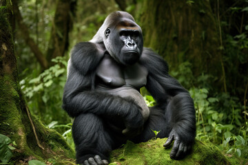 Stunning portrait of a wild silverback gorilla sitting on a rock in the forest. Amazing African wildlife. Generative Ai