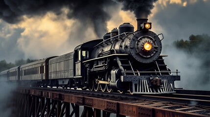 Naklejka premium Classic steam locomotive train engine on track generative ai