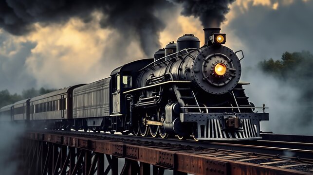 Classic steam locomotive train engine on track generative ai © Papilouz Studio