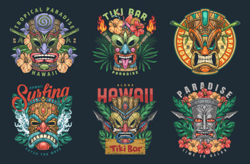 Tiki totems colorful set logotypes