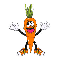 Carot vegetable retro cartoon trendy groovy comic character. Modern illustration cute comic character cartoon style. Hand drawn doodle on white background. Can be used as sticker, prints and more.