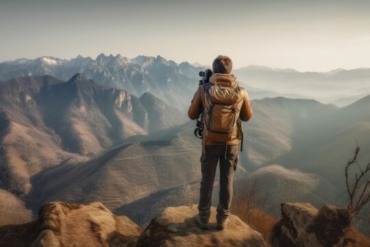 Hiker with backpack taking picture of mountain landscape. Hiking concept
Rear view of hiker photographer taking photographs to a breathtaking panorama. generative AI