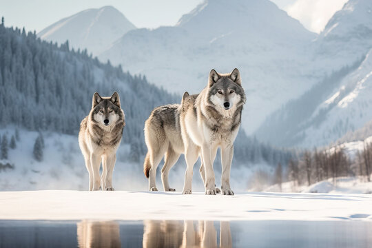 Wild wolf pack in a snowy forest landscape. Amazing Wildlife. Generative Ai