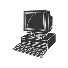 Retro Computer Icon Silhouette Illustration. Old Technology Vector Graphic Pictogram Symbol Clip Art. Doodle Sketch Black Sign.