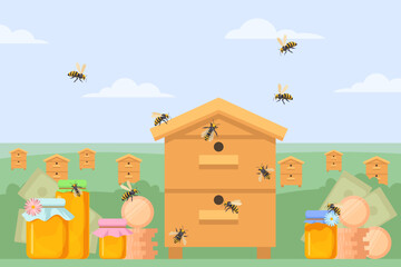 Bees flying around beehives vector illustration. Honey jars and money in piles. Collecting honey for commercial purposes. Farm produce, business, marketing concept