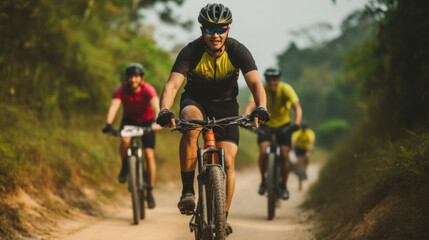 Group of Asian cyclists, they cycle through rural and forest roads.