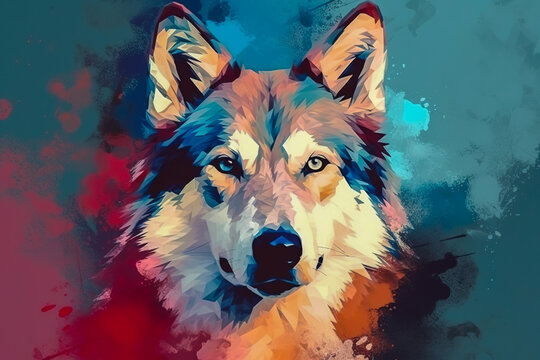Close up syberian huskie dog face illustration in abstract mixed grunge colors digital painting in minimal graphic art style. Digital illustration generative AI.