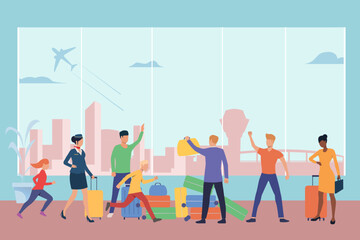 Chaos at airport due to workers protesting vector illustration. Cartoon drawing of passengers looking for baggage, pile of suitcases, problems during travel. Traveling, workforce, stress concept