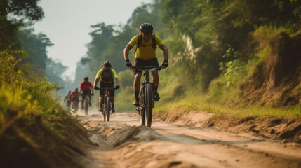 Naklejka premium Group of Asian cyclists, they cycle through rural and forest roads.