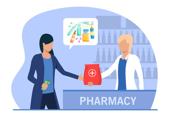 Customer paying pharmacist for medication vector illustration. Cartoon drawing of woman buying drugs or pills, capsules, syringe, spray, inhaler. Pharmacy, medicine, treatment, health concept