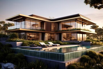 Fototapeta na wymiar Lush Hillside Beachfront Mansion: Spacious Modern Residence Digital Rendering