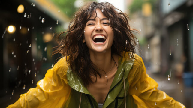 Rainy day asian woman wearing a raincoat outdoors