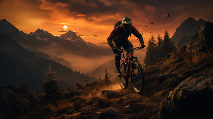 Fototapeta na wymiar A silhouette of a cyclist practicing a bicycle on a mountain