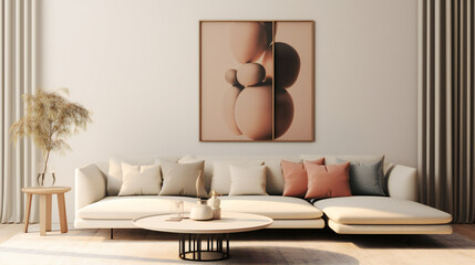 Stylish Living Room Interior with Mockup Frame Poster, Modern interior design, 3D render, 3D illustration