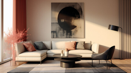 Stylish Living Room Interior with Mockup Frame Poster, Modern interior design, 3D render, 3D illustration