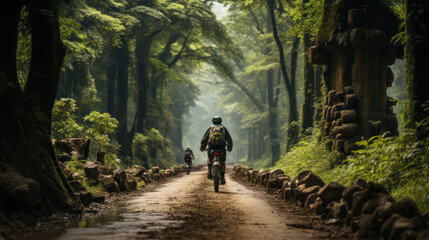 Obraz premium Group of Asian cyclists, they cycle through rural and forest roads