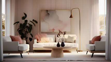 Stylish Living Room Interior with Mockup Frame Poster, Modern interior design, 3D render, 3D illustration