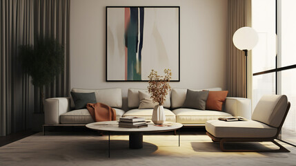 Stylish Living Room Interior with Mockup Frame Poster, Modern interior design, 3D render, 3D illustration
