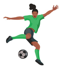 Fototapeta na wymiar Black women's football girl player jumps up preparing to kick the ball with foot
