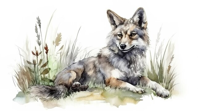 a watercolor picture of a cute wolf