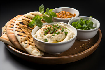 Traditional dish of arabic cuisine baba ganoush made of roasted eggplant, tahin, cilantro, garlic, olive oil, lemon juice or hummus with flatbread on dark background. Generative AI technology