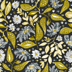 Hand painted floral in gray and olive. Seamless pattern.  - 617393287