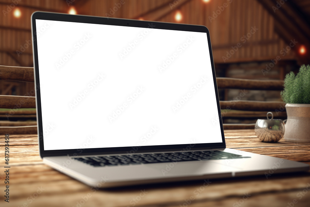 Poster a mockup of laptop computer with a empty white screen on wooden table